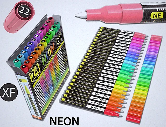 24 Neon Fluorescent Acrylic Paint Pens Markers Set 0.7mm (EXTRA FINE)