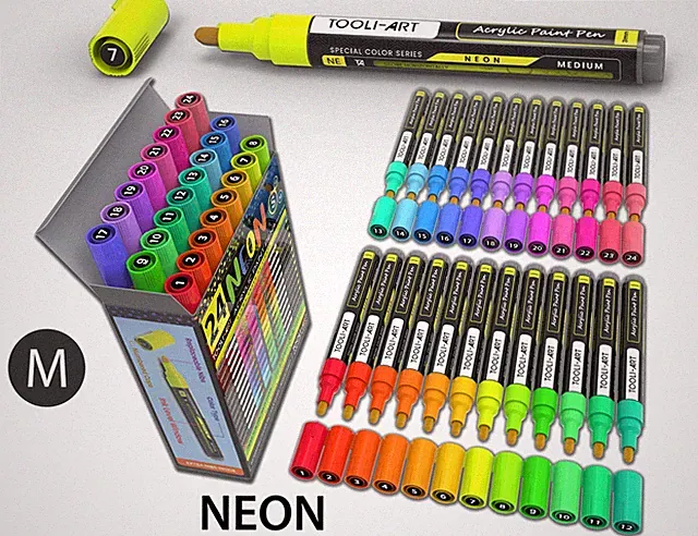24 Neon Fluorescent Acrylic Paint Pens Markers Set 3mm (MEDIUM)