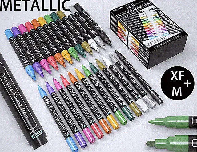 TOOLI-ART Metallic Acrylic Paint Pens 24 Markers(0.7mm EXTRA FINE+3.0mm MEDIUM)
